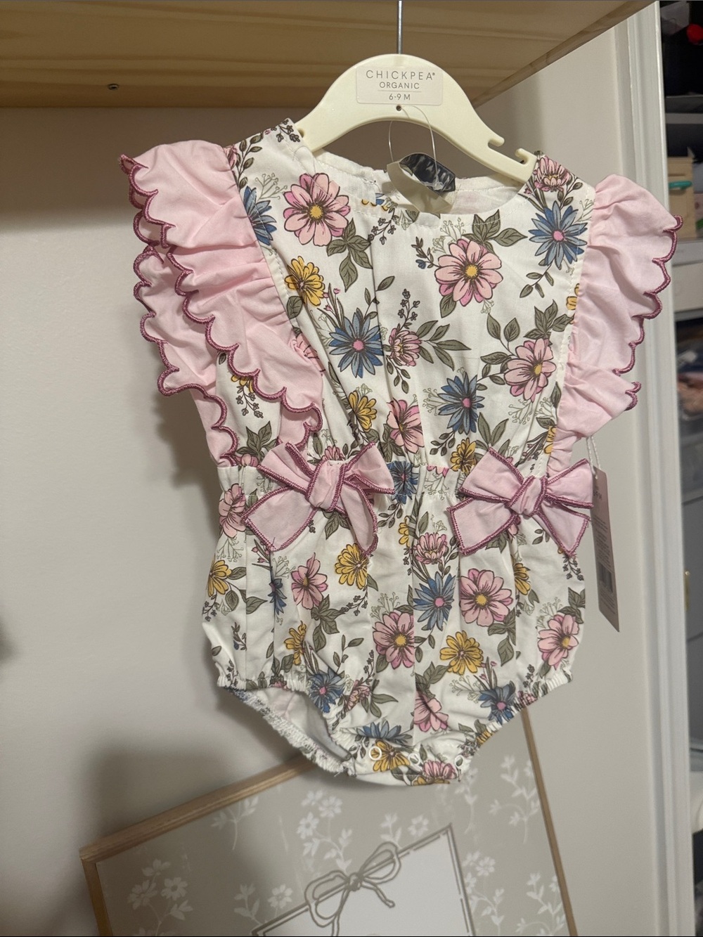 chick pea Pink Floral Ruffle Romper with Bows